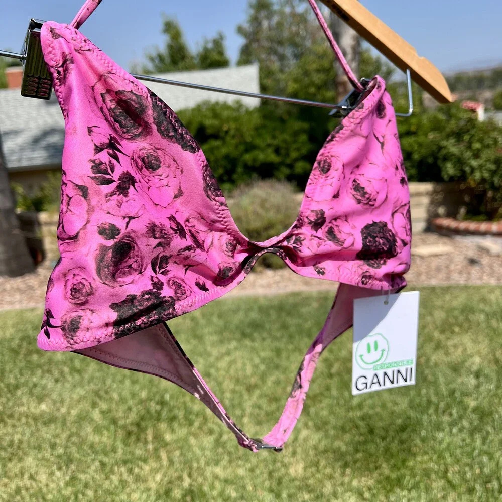 Ganni Bikini Top NWT Floral Print Twisted Halter Neck Swimsuit Size 40 US 8 M L